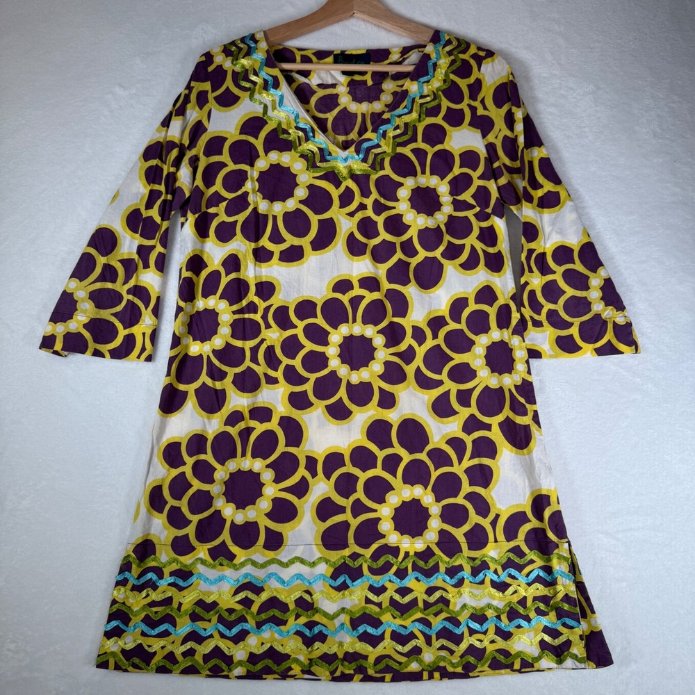 Boden Womens Floral Rickrack Trim Cotton Tunic Dress Purple Yellow WA222 Size 10 - Picture 2 of 9